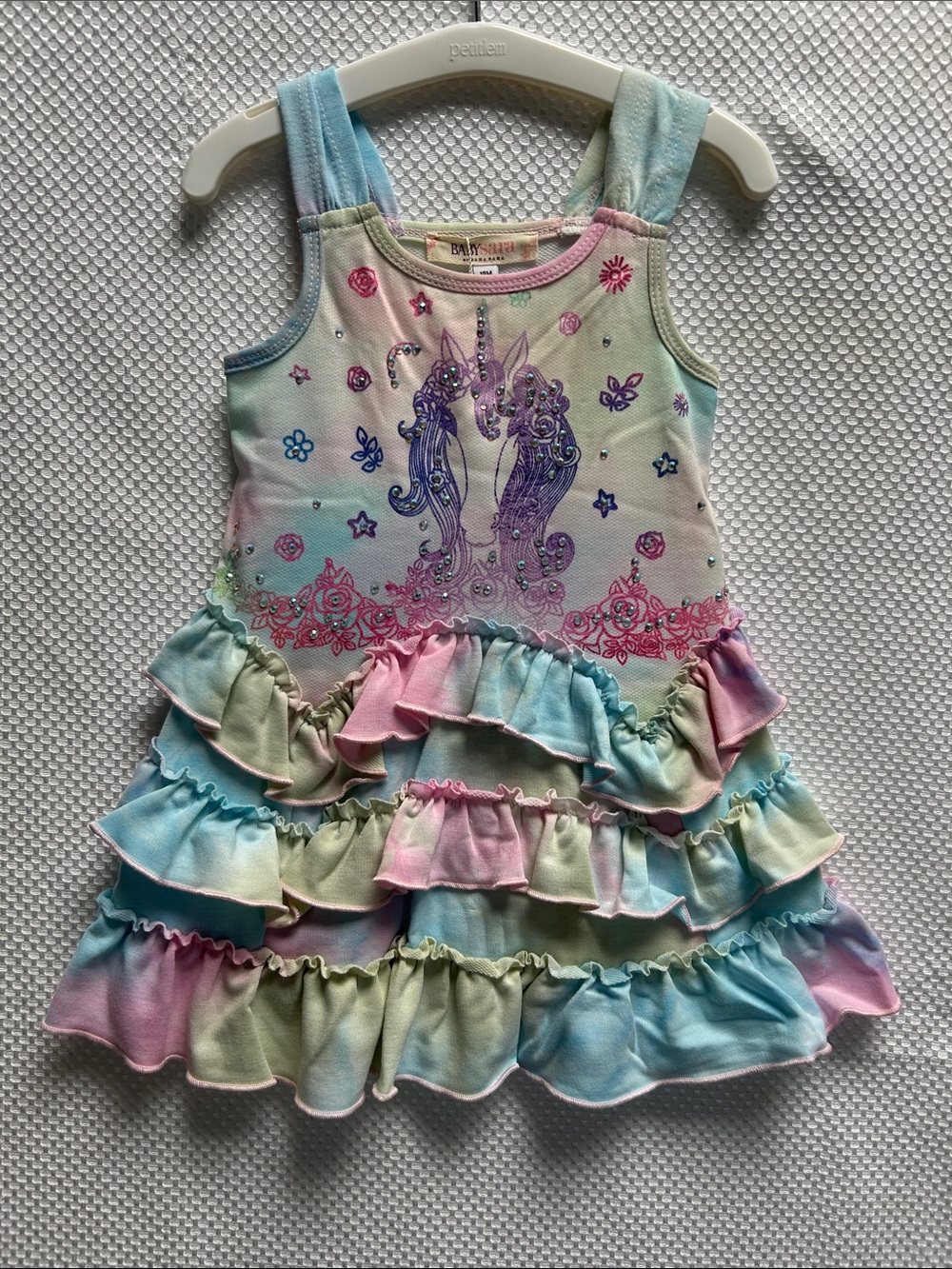 Sweet Baby Sara Pastel Unicorn Ruffle Tank Dress Multicolored w rhinestones NWT